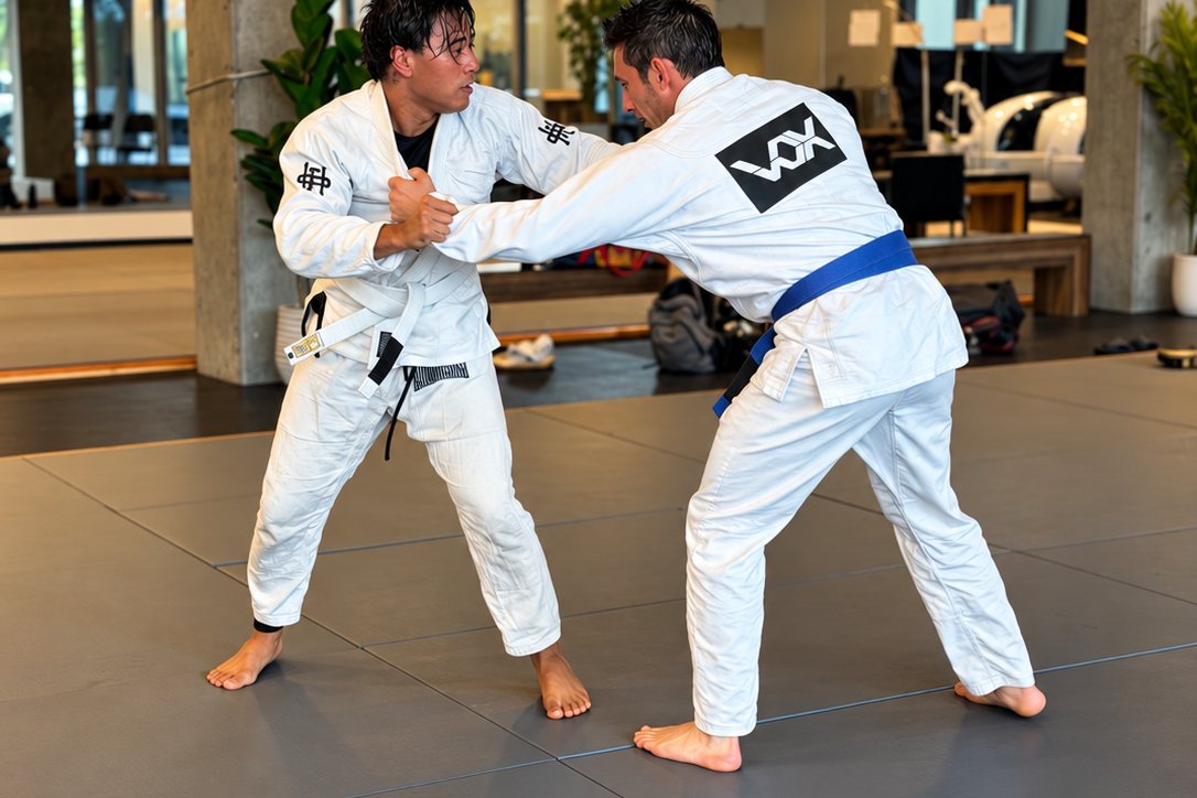 Two students grip fighting in the gi